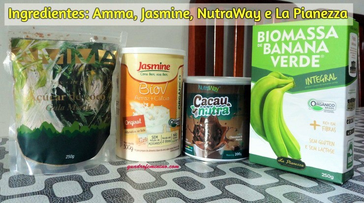 Ingredientes-açúcar de coco AMMA- bebida de arroz Jasmine - cacau com menta Nutraway e Biomassa de banana verde La Pianezza