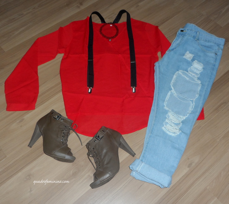 CNDirect - Look Jeans destroyed, camisa vermelha e suspensório