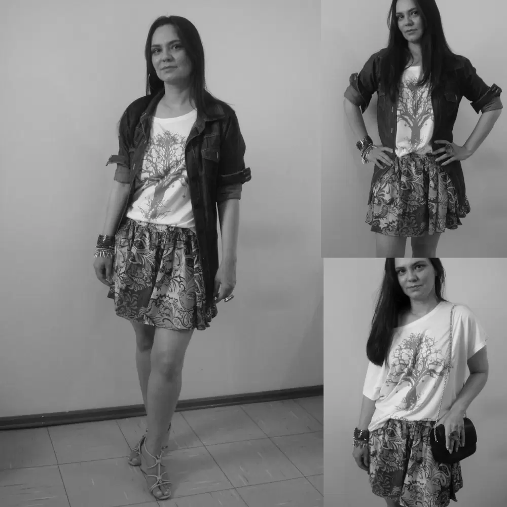 T-shirt com mini saia e camisa jeans