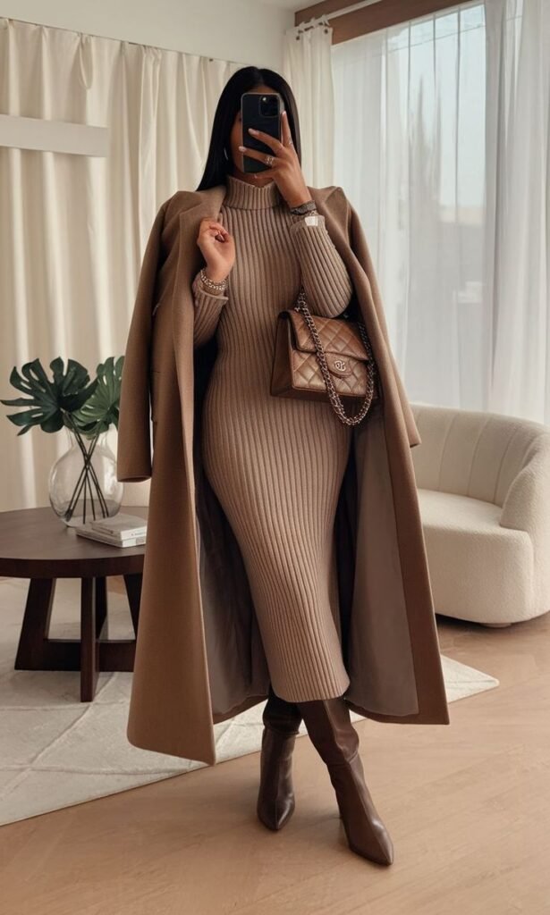 Como Usar Tons Terrosos no Dia a Dia — 65 Looks com Paleta de Cores Terrosas para Arrasar Sem Esforço 5 look monocromático com trench coat, vestido midi canelado e bota mocha mousse
