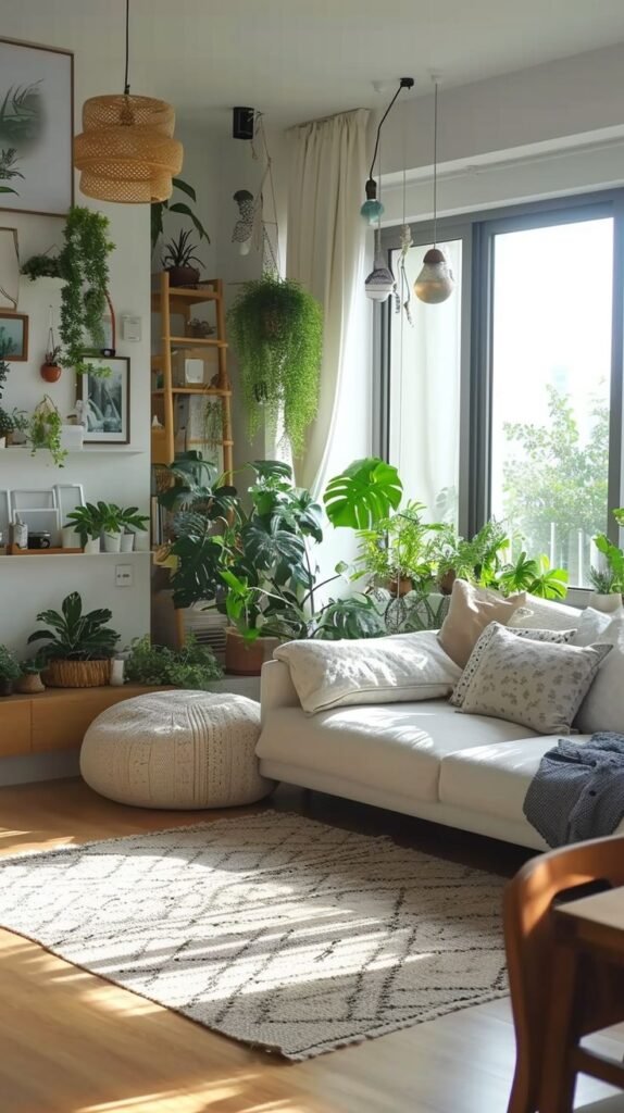 sala decorada com plantas naturais