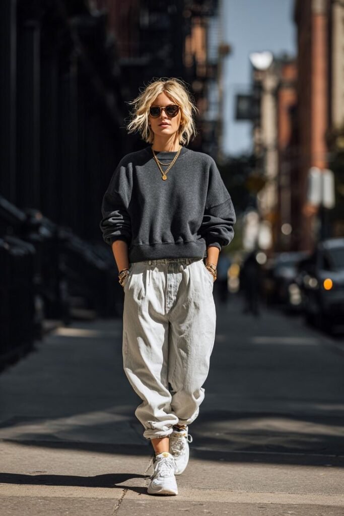 mulher usando moletom cinza cropped com calça jeans e tênis