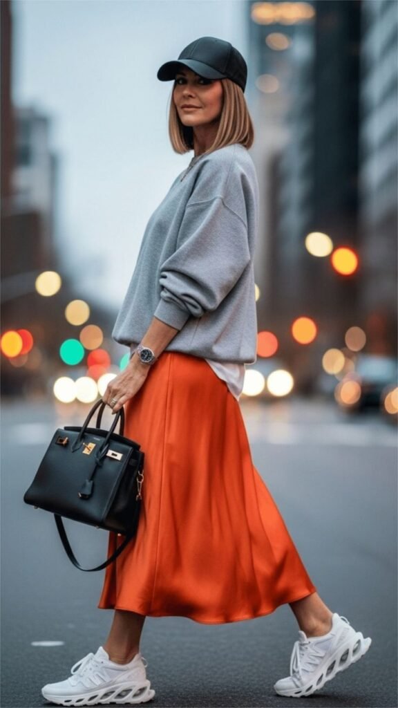 Looks comfy moderno com mulher usando moletom cinza com saia de cetim e tênis