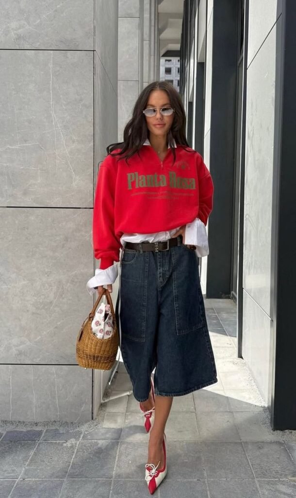 mulher usando moletom vermelho sobreposto a uma camisa branca e calça pantacourt ou cullote, com cinto marcando a cintura e scarpin