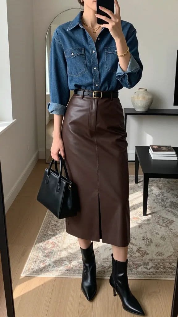 Saia midi couro: como usar, combinar e criar looks elegantes em todas as estações 10 Saia midi couro